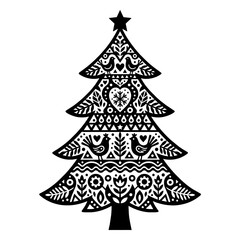 Fototapeta premium Black and white folk art Christmas tree with birds and flowers
