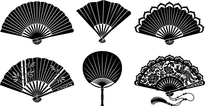 Traditional Asian hand fan silhouette set featuring Japanese folding fans Chinese uchiwa round fan bamboo patterns and ornate lace phoenix details.