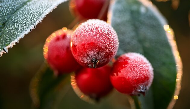 red berries covered in frosty dew drops on leaves in moody light
