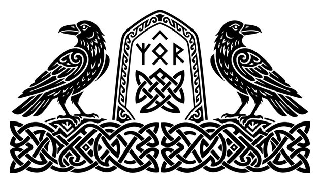Ravens facing runic stone with celtic knotwork border in nordic viking style