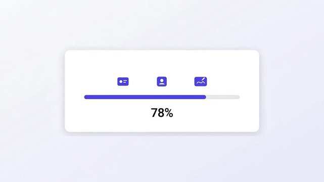 Minimalist 3D progress bar interface element showing 78 percent completion with purple icons on a white card