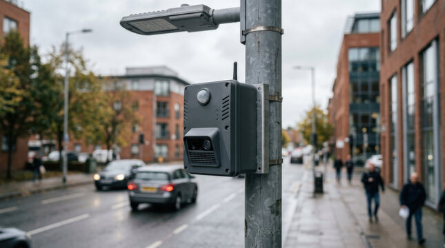 Smart streetlight sensor compact ambient light on city street pole with urban traffic and blurred walkway