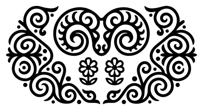 Symmetrical ram horns with ornate floral scrollwork and flowers silhouette ornament