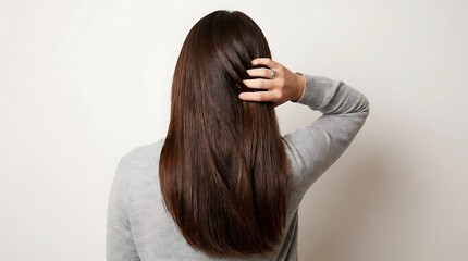 Fototapeta premium Person with long dark hair touching head long hair