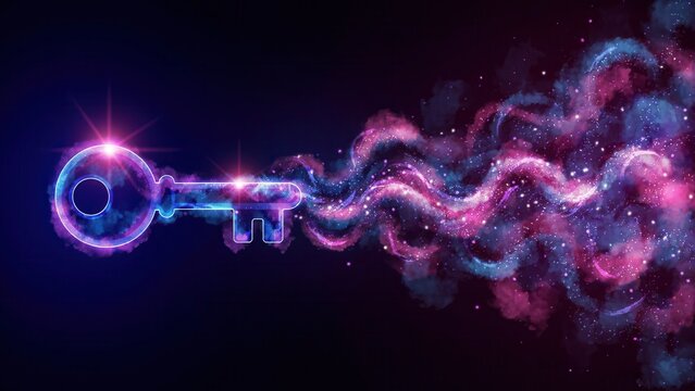 A magical key glowing with swirling cosmic stardust clouds on a dark background. Illustrates a conceptual gateway to.