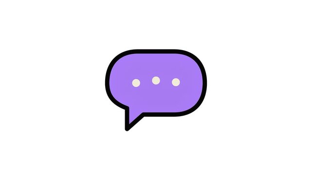 Minimalist purple speech bubble icon with communication dots on white background