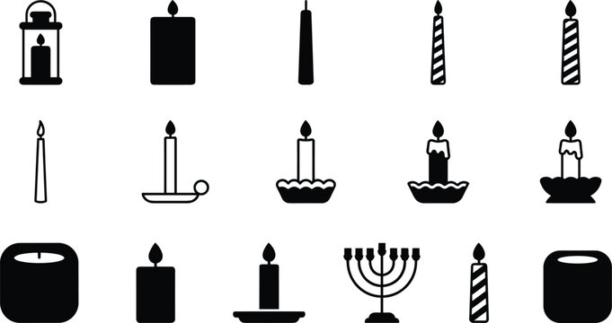 Burning wax candle silhouettes bundle featuring birthday stripes romantic holders ritual menorah and vintage glass lantern icons