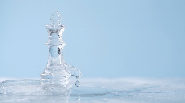 Studio shot of a transparent ice chess king piece melting on a surface with a water drop, symbolizing fragile leadership.