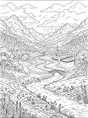 Fototapeta premium Mountain Village Landscape with River and Bridge Coloring Page Illustration