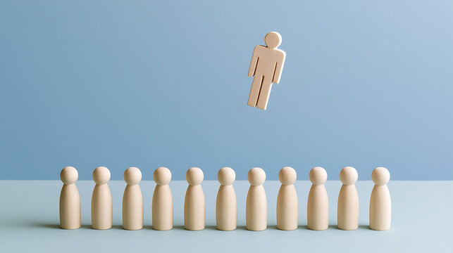 Unique wooden figure rise above others, symbolizing leadership, selection, and outstanding performance in a competitive professional environment