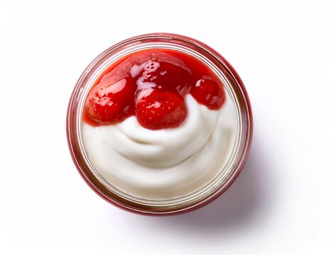glass jar of yogurt with strawberry jam isolated on a white background