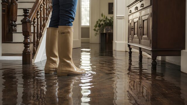 Person Wearing Rubber Boots Standing in a Flooded Residential Hallway After Water Damage