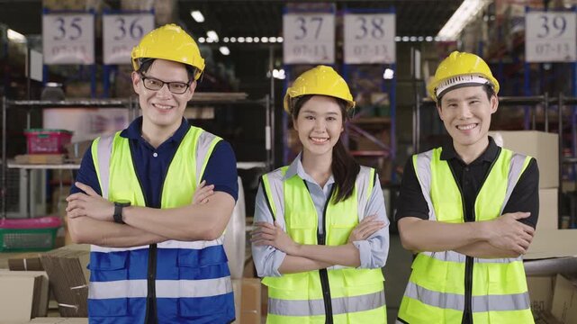 Portrait of three happy Asian warehouse workers male and female in safety workwear standing together with arms crossed and smiling looking at camera with cheerful expressions in distribution factory.