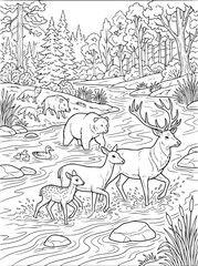 Fototapeta premium Forest Animals Crossing a River Coloring Page for Kids