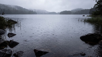 Naklejka premium Rain falling on a tranquil lake with forested hills and mist creating a serene, solitary nature scene