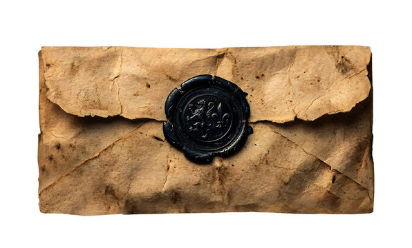 Close up of antique envelope made of crumpled aged parchment paper sealed with black wax stamp