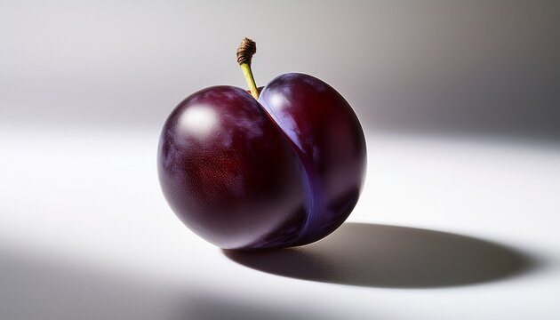 single ripe dark purple plum casting a sharp shadow onto a plain solid white background