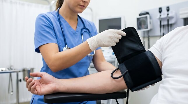 Nurse taking pressure of patient healthcare medical