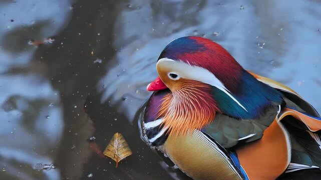 A colorful mandarin duck in a pond