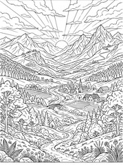 Fototapeta premium Mountain Village Landscape Coloring Page with Scenic River and Sunrise