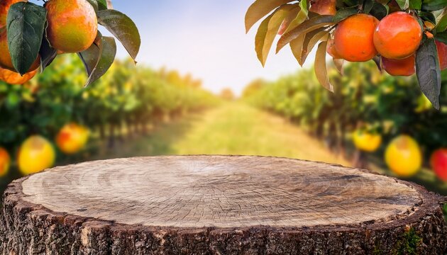 beautiful texture of old tree stump table top on blur fruit garden farm background for create product display or design key visual layout