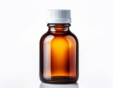amber glass bottle with white cap isolated on white background smooth slightly curved