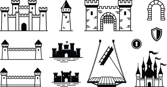 Medieval Castle and Fortress Architecture Icon Set with Watchtower, Drawbridge, Defensive Wall, Stone Gate, and Royal Palace Graphic Symbols