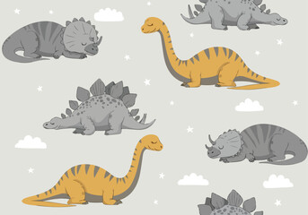 Cute Dinosaurs Seamless Pattern. Cartoon Dinosaur Background. Baby Dinosaur Illustration. © khafid