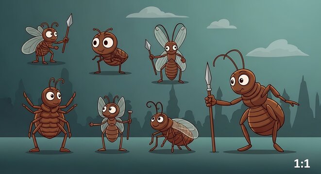 Cartoon insect character set with spears and wings