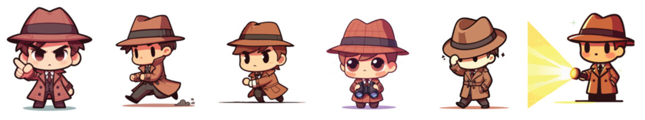 Chibi detective characters set. Cute investigator icons in trench coats and fedora hats.