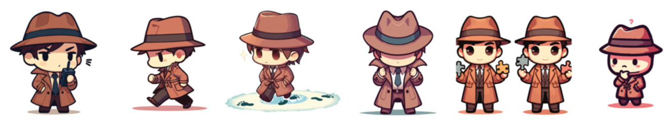 Chibi detective character set. Cute private investigator icons in trench coat and fedora hat.