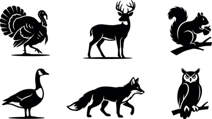 Wild animals vector silhouette set featuring turkey deer squirrel goose fox and owl isolated on white © MstAduri