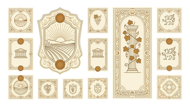 Vintage Emblem Collection, Winery Crests, Vineyards, Architectural Elements
