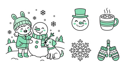 Winter holiday scene with girl building snowman accompanied by dog and seasonal icons like cocoa snowflake and warm mittens.