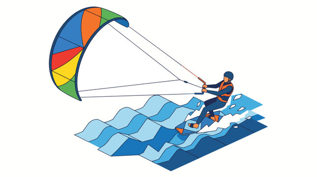 Kitesurfing on ocean waves isometric flat vector illustration