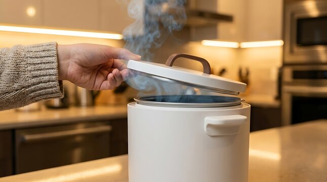 Hand lifting lid of steaming rice cooker in kitchen