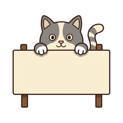 Cute gray and white cat peeking over a signboard.