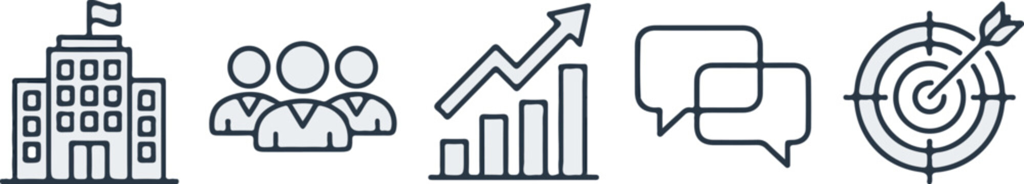 Set of business and corporate icons including building, team, growth, communication and target