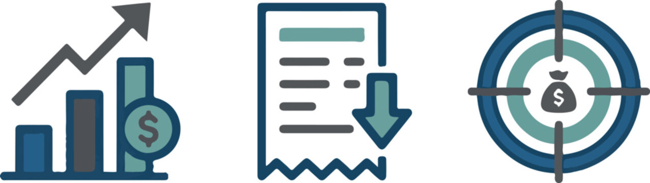Business and finance icon set including growth chart with dollar coin, invoice with down arrow, and target with money bag