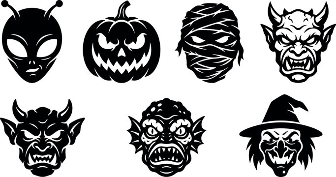 Halloween monster avatar silhouette vector set with alien pumpkin jack lantern mummy demon witch and swamp creature