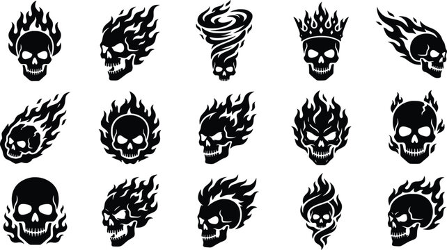 Flaming skull vector set, burning human head fire tornado silhouette icons, fire skull clipart bundle for tattoo design, laser engraving file