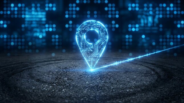 Glowing blue location pin with digital circuit background