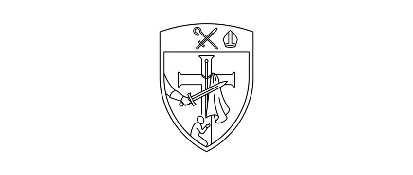 Christian Heraldic Shield with Cross Sword Bishop Miter and Kneeling Figure Line Art Illustration