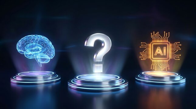 Futuristic of brain, question mark, and ai chip on glowing platforms