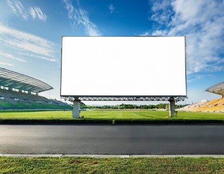 a large blank billboard stands beside a road with a stadium and greenery in the background