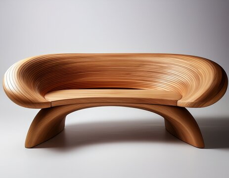 curved wooden bench with angled legs on a plain white studio background minimalist