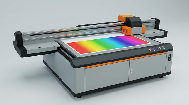 Flatbed printer displaying color test sheet wide format printer