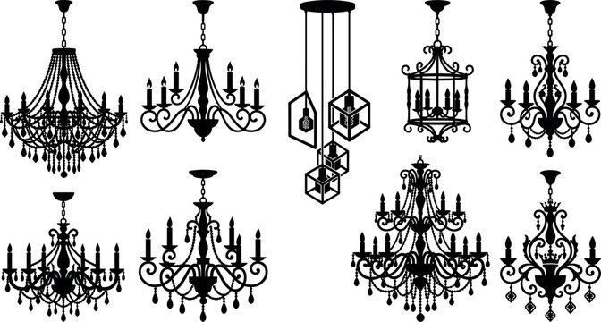 Luxury chandelier silhouette vector icon set featuring vintage ceiling hanging lamps and geometric pendant light