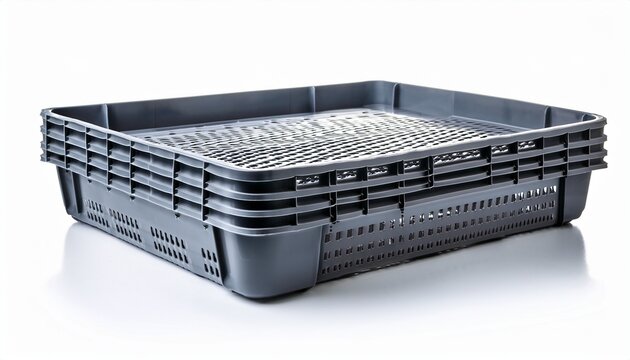 grey plastic folding crate with perforated sides on a white background plastic crate