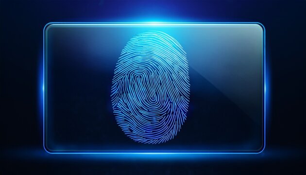 glowing fingerprint on sleek glass screen under hacker blue lighting ultra hd dark gradient backdrop symbolic of digital access breach perfect for cybersecurity visuals and tech articles